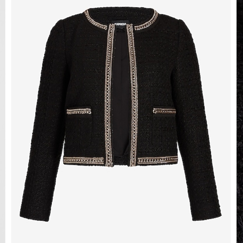 Express Black Tweed Chain Detail Cropped Blazer